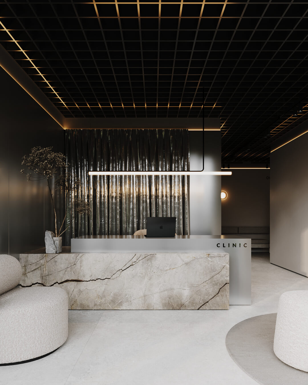 Recepcja w nowoczesnej przychodni z marmurowym blatem i czarnym sufitem rastrowym.