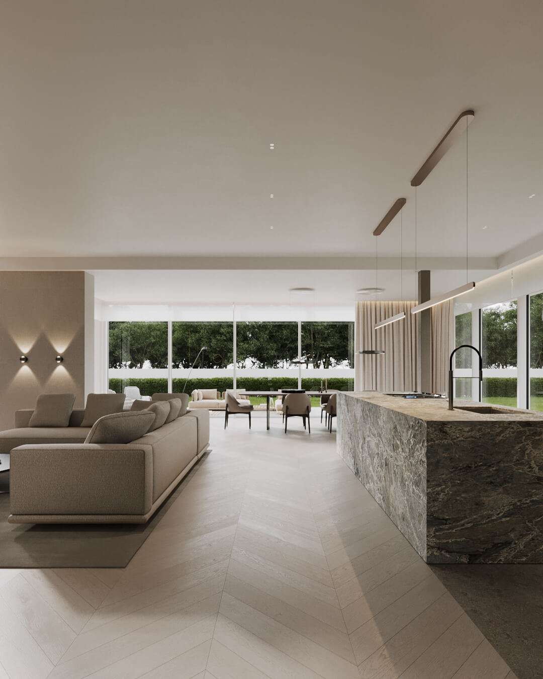 Nowoczesne wnętrze: salon z kuchnią i dużymi oknami na ogród. Projekt /034 lipova.