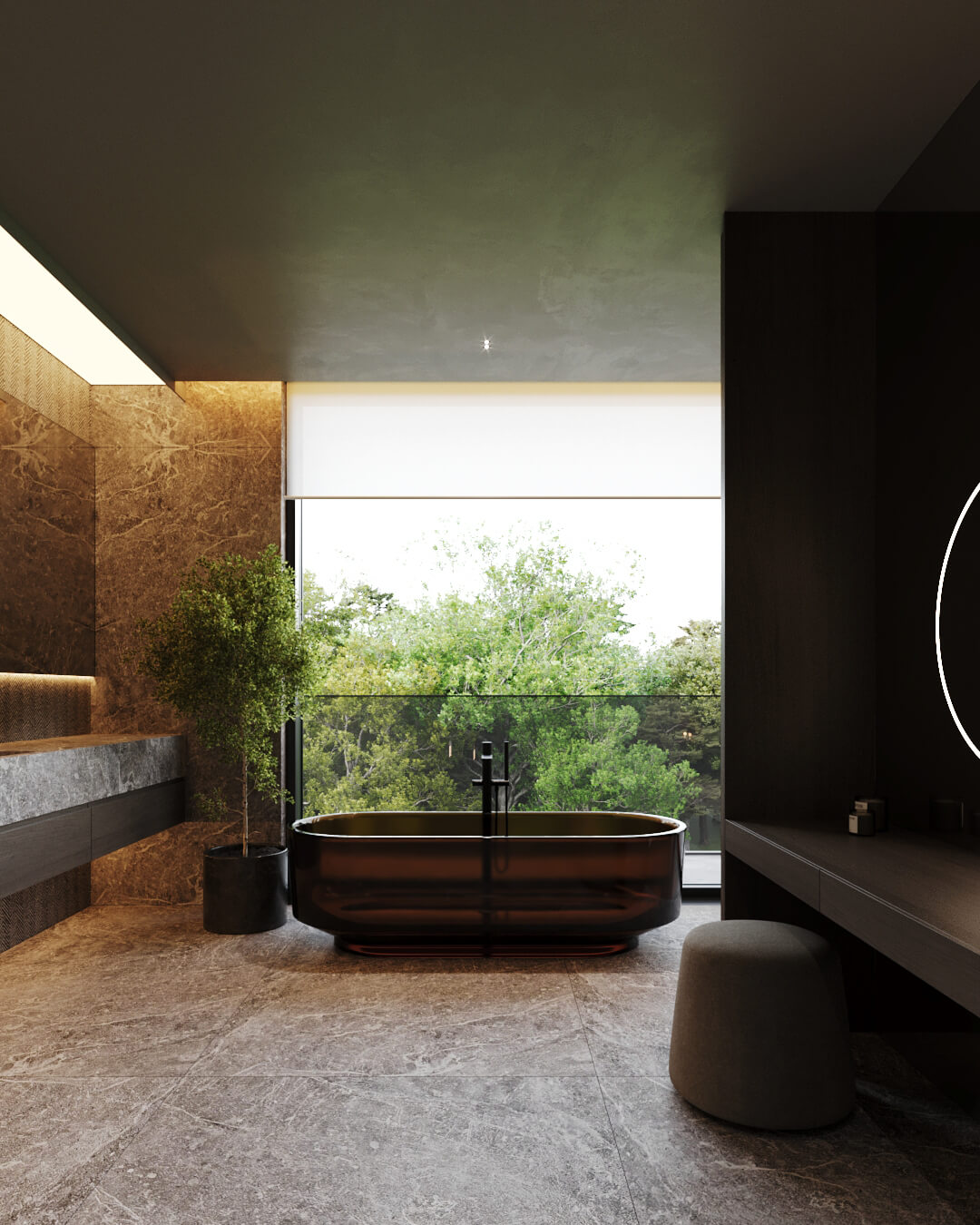 Luksusowa łazienka z wanną na tle okna z widokiem na zieleń.