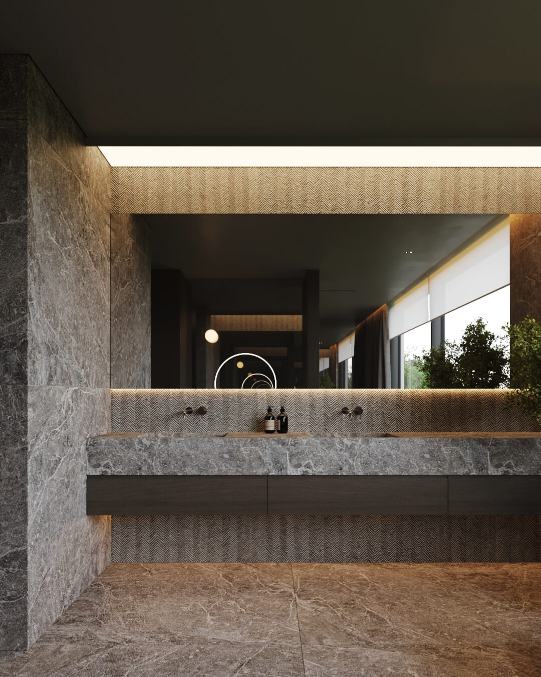 Elegancka łazienka z marmurowymi płytkami, dużym lustrem i nowoczesnym oświetleniem.