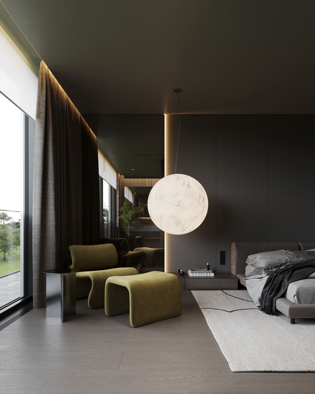 Elegancka sypialnia z dużym oknem, lampą kulą i fotelami.