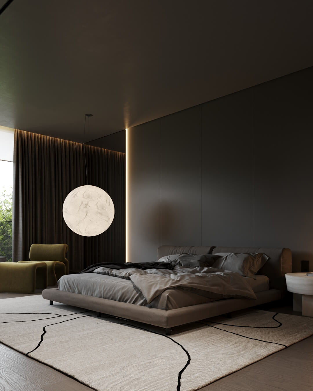 Nowoczesna sypialnia z dużym łóżkiem, lampą i zasłonami.