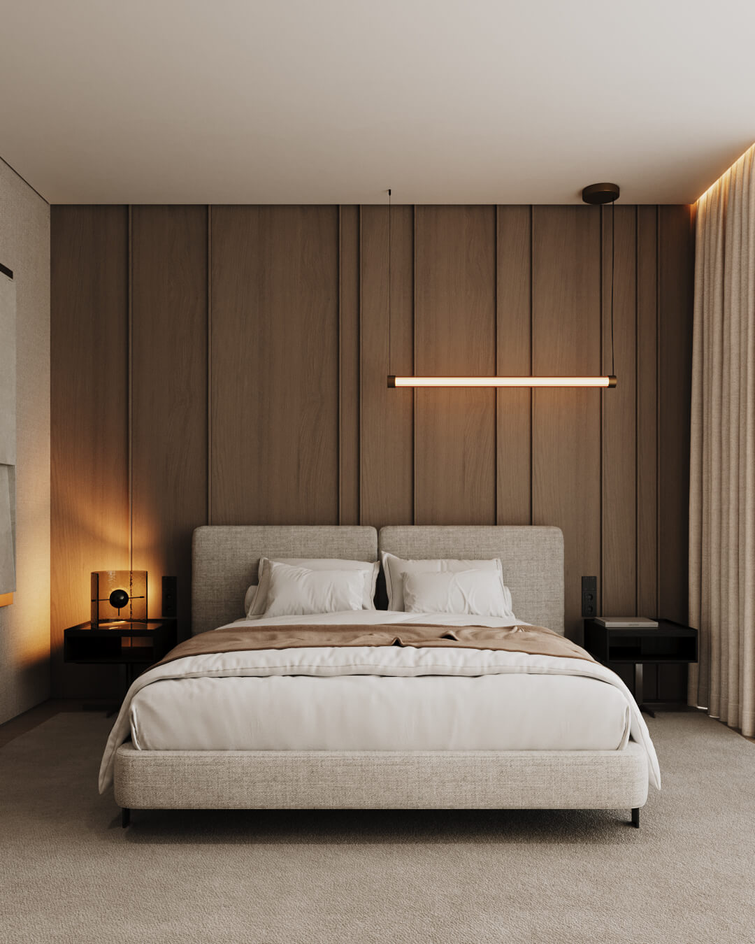 Elegancka sypialnia z drewnianą ścianą, łóżkiem i lampą. Projekt /034 Lipova.