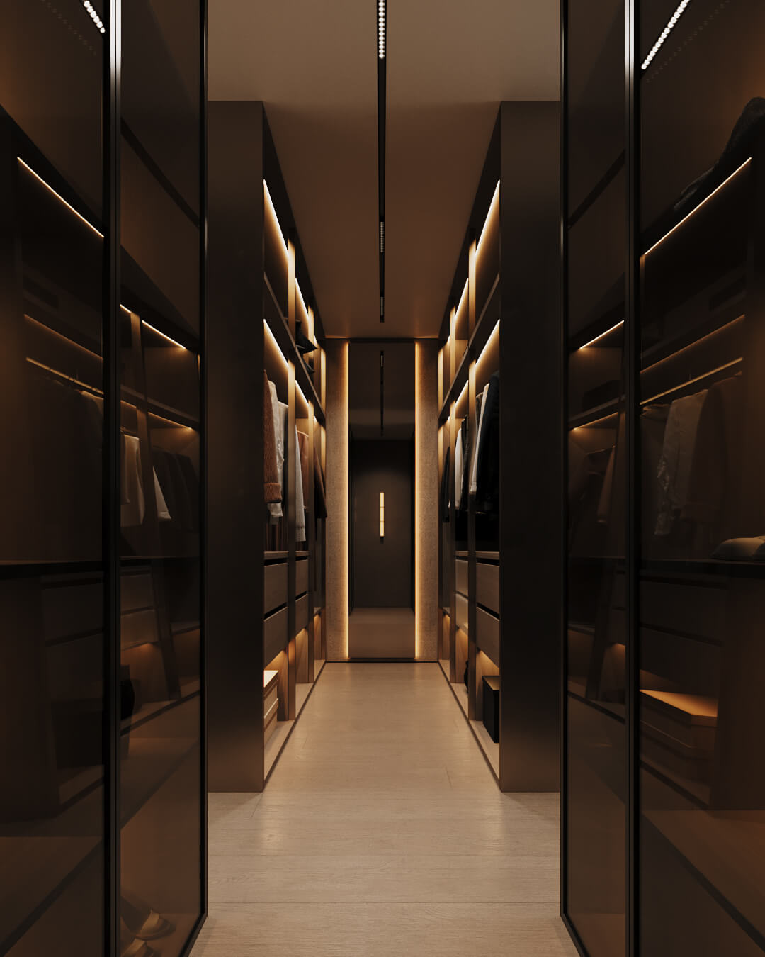 Elegancka garderoba z oświetleniem LED i przeszklonymi drzwiami. Przestronne wnętrze.