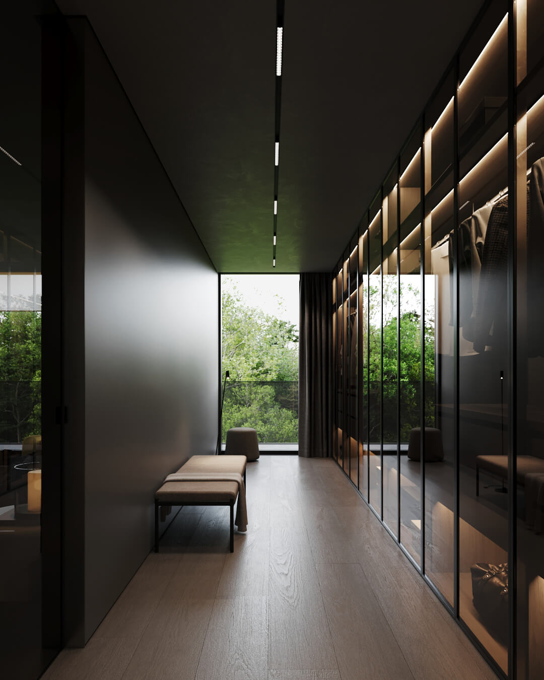 Nowoczesna garderoba z przeszklonymi szafami i minimalistycznym siedziskiem, widok na zieleń.