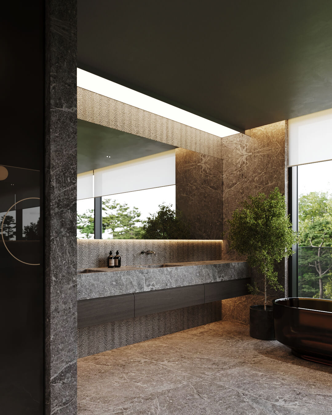 Nowoczesna łazienka z kamienną umywalką, wanną i dużym oknem.