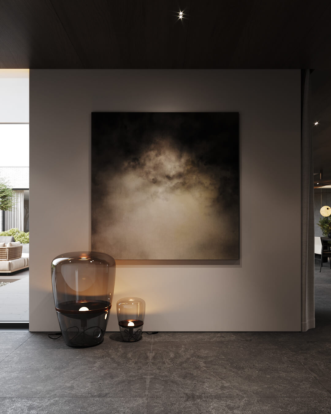 Abstrakcyjny obraz w nowoczesnym wnętrzu, oświetlony lampami. Projekt /040 lipsko.