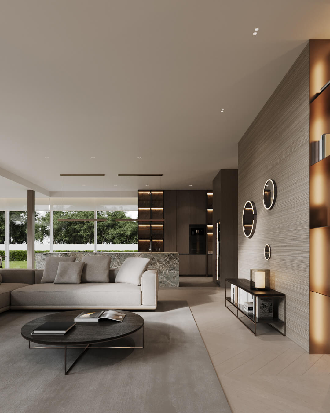 Nowoczesne wnętrze salonu z kuchnią w projekcie /034 Lipova. Minimalistyczny design, szara sofa i okrągły stolik kawowy.