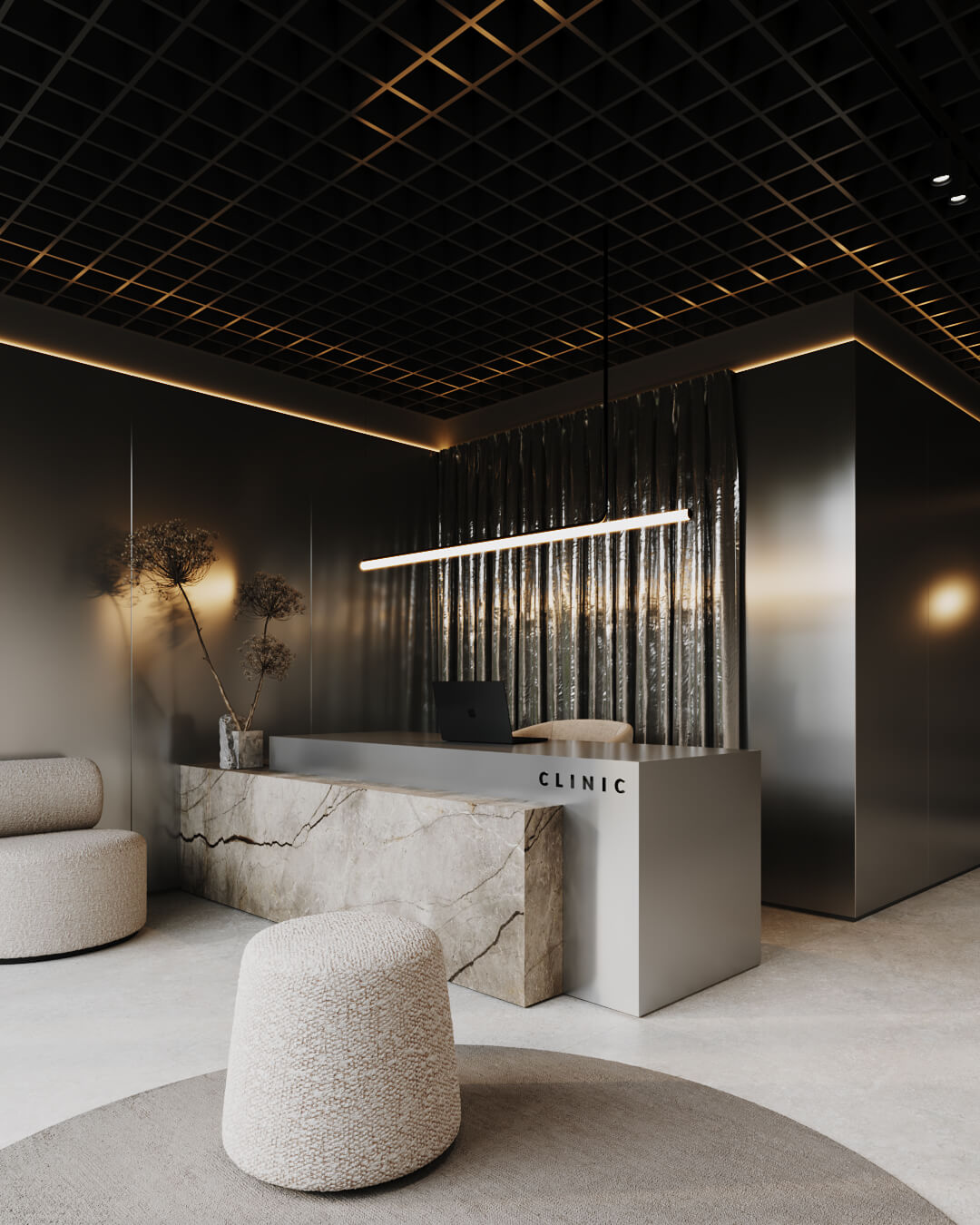 Recepcja w nowoczesnej przychodni: marmurowa lada, minimalistyczny design, eleganckie oświetlenie. Napis 