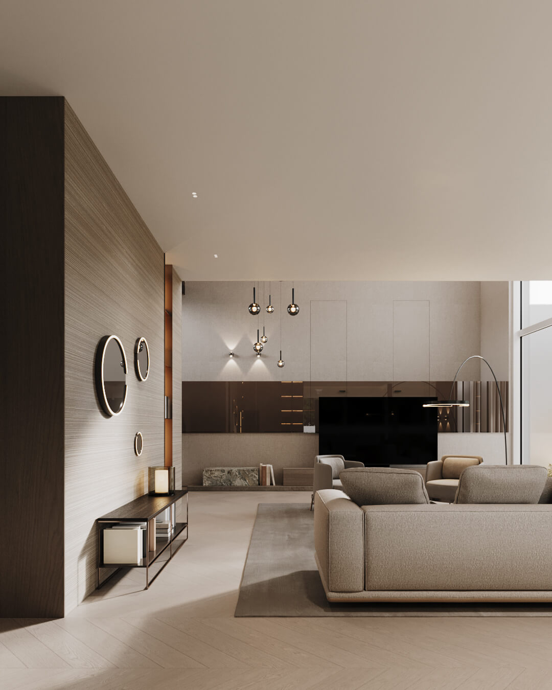 Elegancki salon z szarą sofą, drewnianą ścianą i nowoczesnym oświetleniem. /034 lipova.