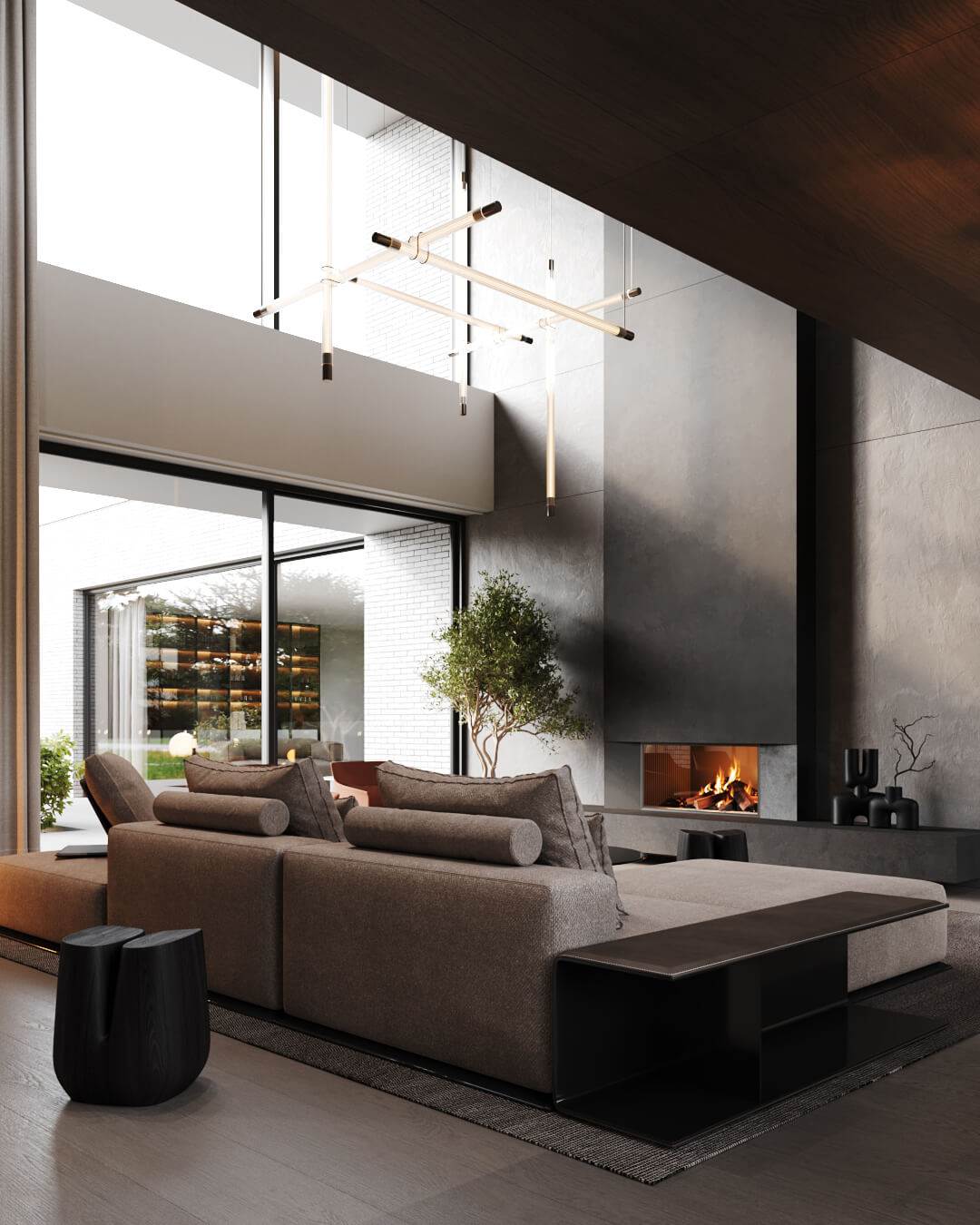 Salon w /040 lipsko z dużym oknem, kominkiem i nowoczesnym oświetleniem.