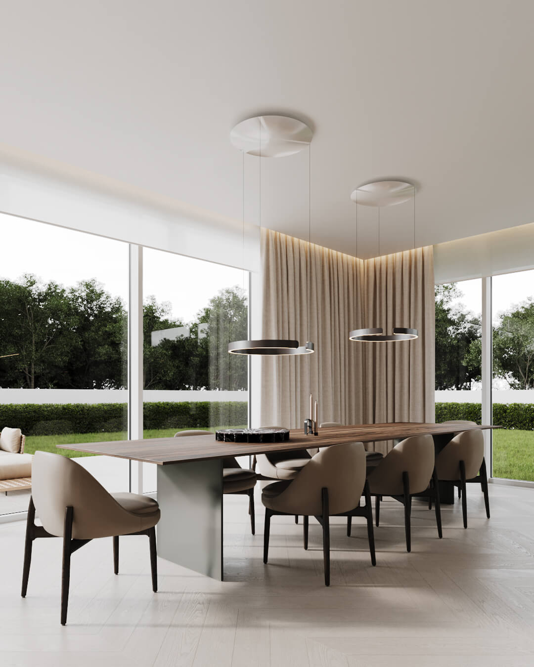 Jadalnia Lipova z dużym stołem, krzesłami i oknami na ogród.