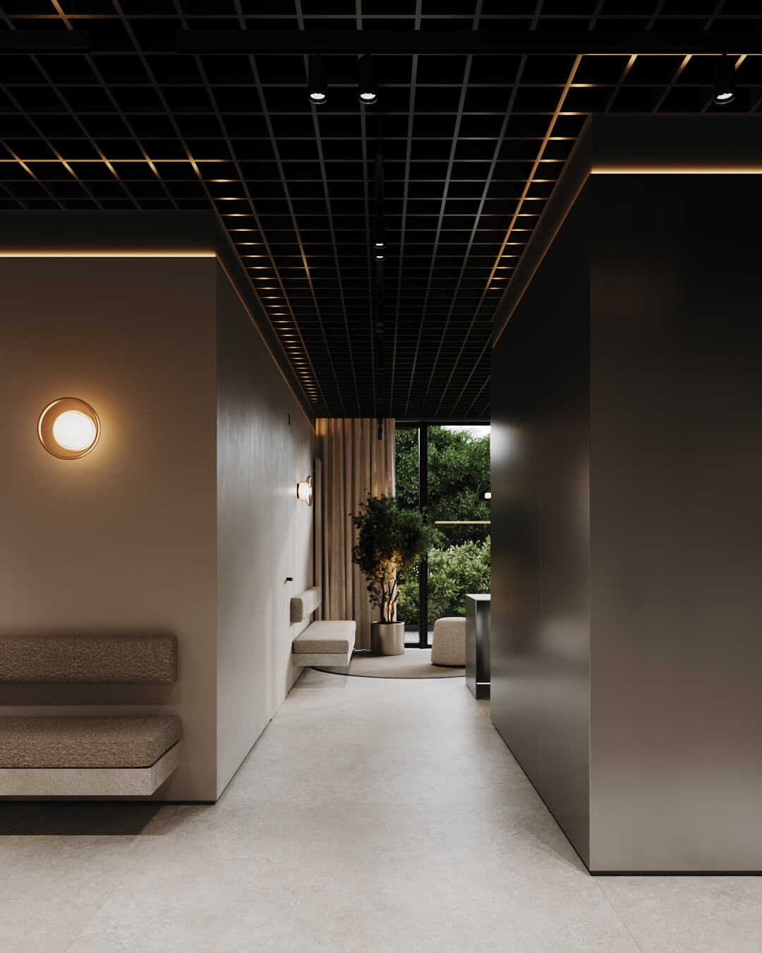 Wnętrze przychodni z minimalistycznym designem, oświetleniem i zielenią. Nowoczesna przestrzeń medyczna.