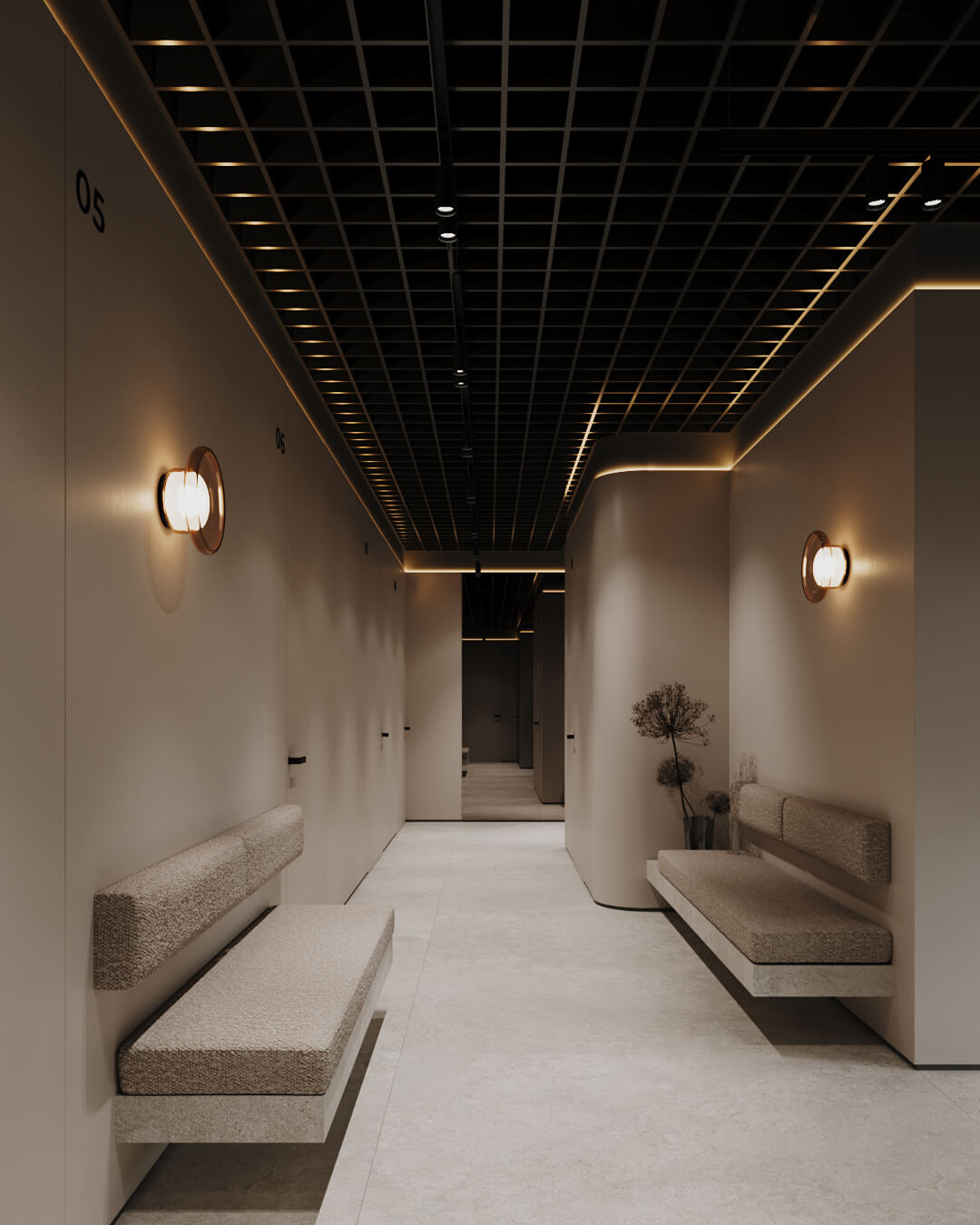 Wnętrze przychodni: minimalistyczny korytarz z ławkami i oświetleniem.