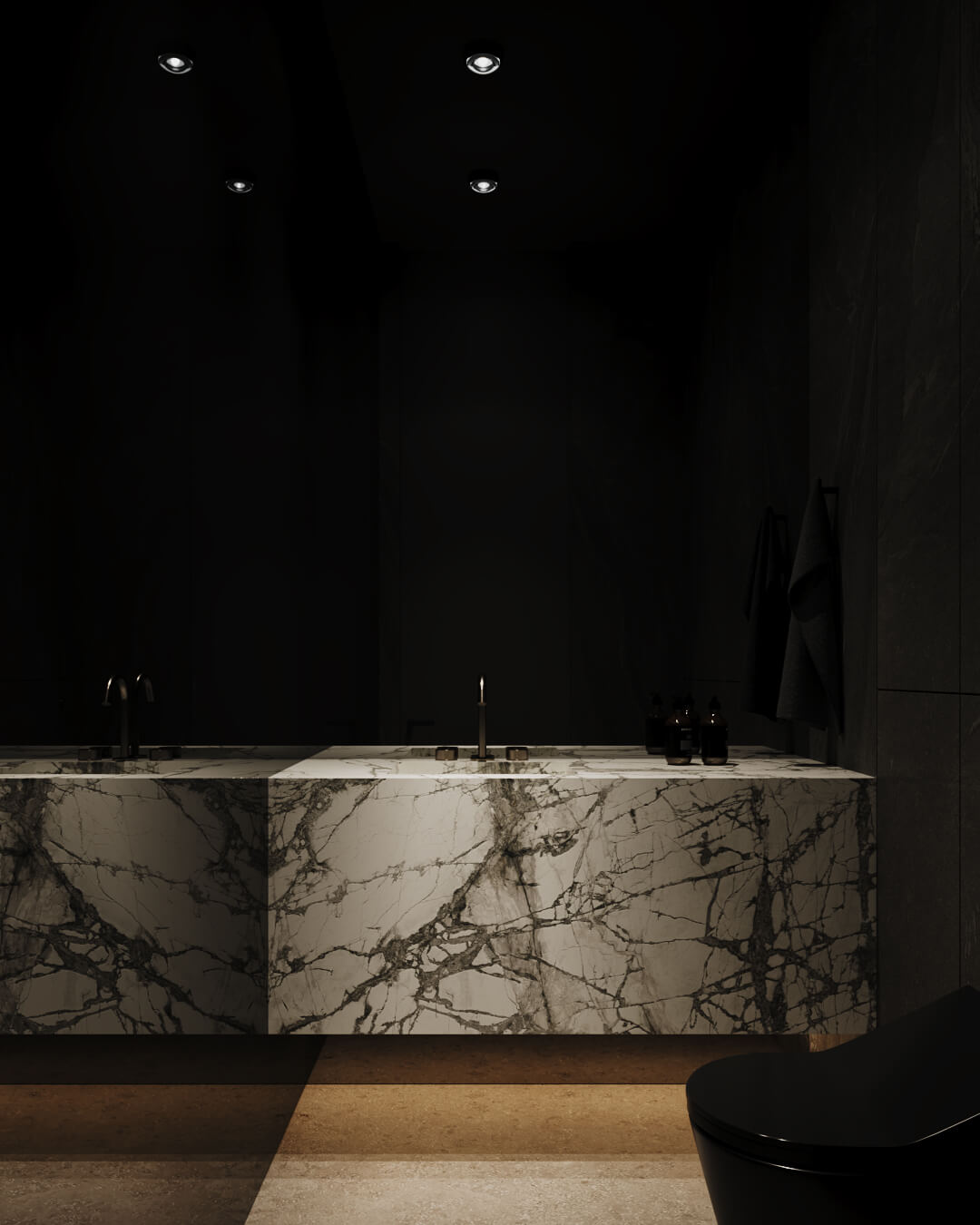 Luksusowa łazienka z marmurową umywalką i czarną toaletą. Projekt /034 lipova.