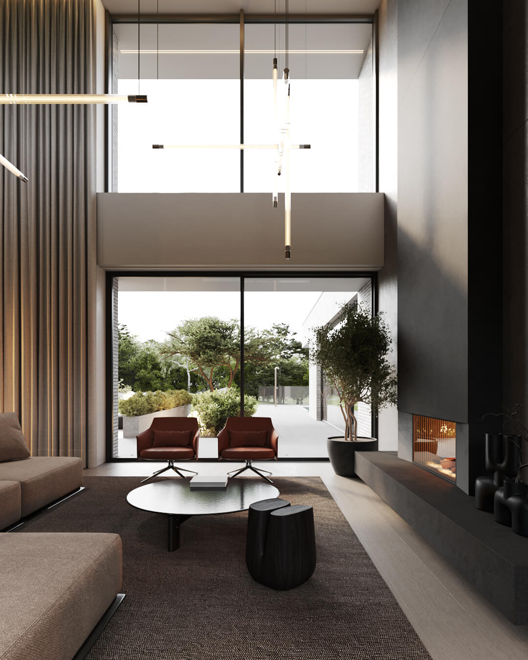 Nowoczesny salon z wysokim oknem i kominkiem. Projekt Lipsko.