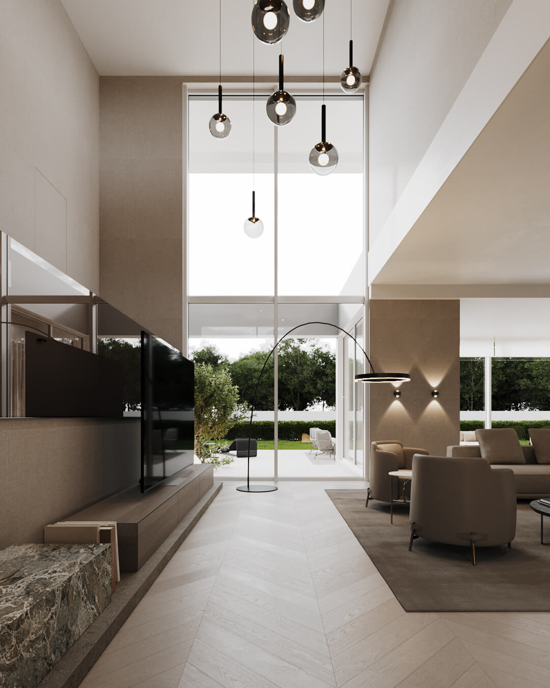 Wnętrze salonu z wysokim sufitem, nowoczesnym oświetleniem i dużymi oknami. Projekt /034 lipova.