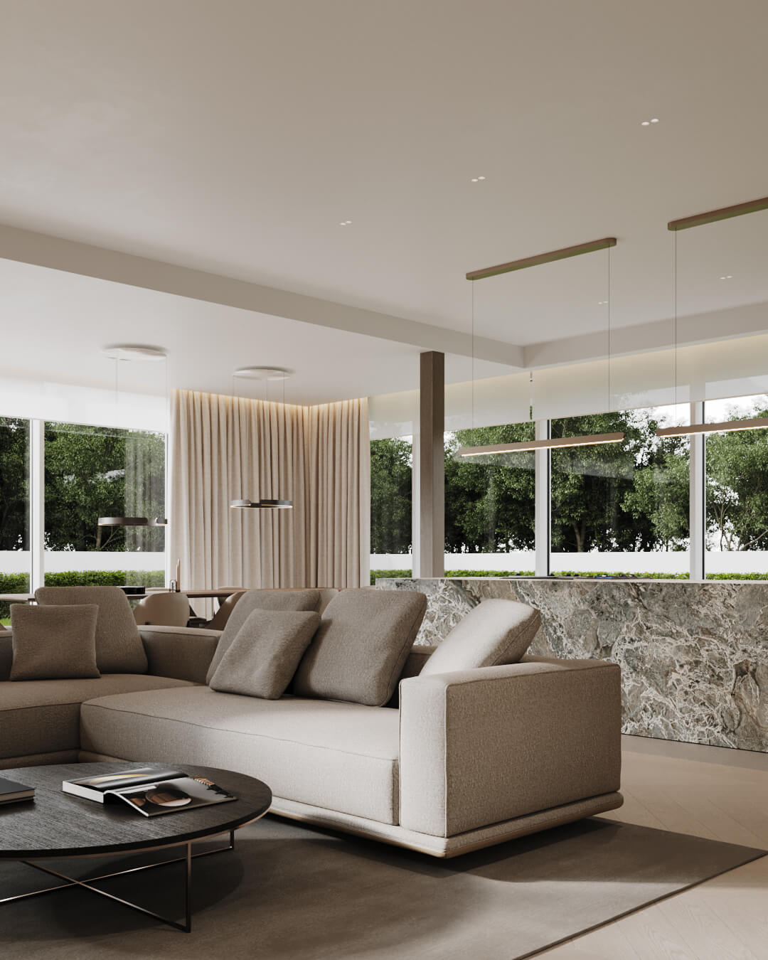 Salon z beżową sofą, stolikiem kawowym i marmurowym blatem kuchennym w projekcie /034 lipova.