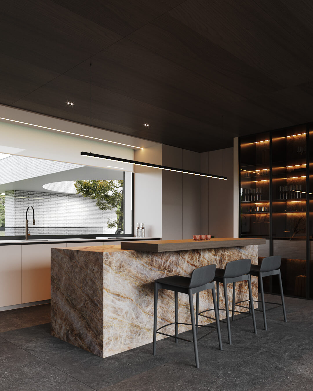 Nowoczesna kuchnia z wyspą z marmuru, czarne stołki barowe, okno i oświetlenie liniowe.