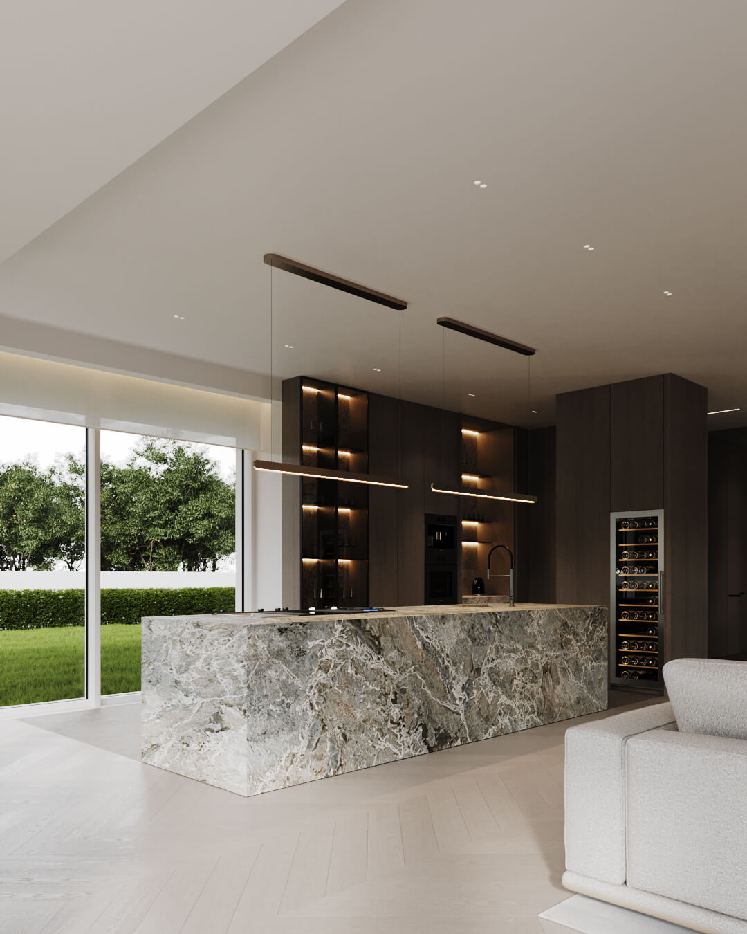 Nowoczesna kuchnia z wyspą z marmuru i dużym oknem na ogród. Projekt /034 lipova.