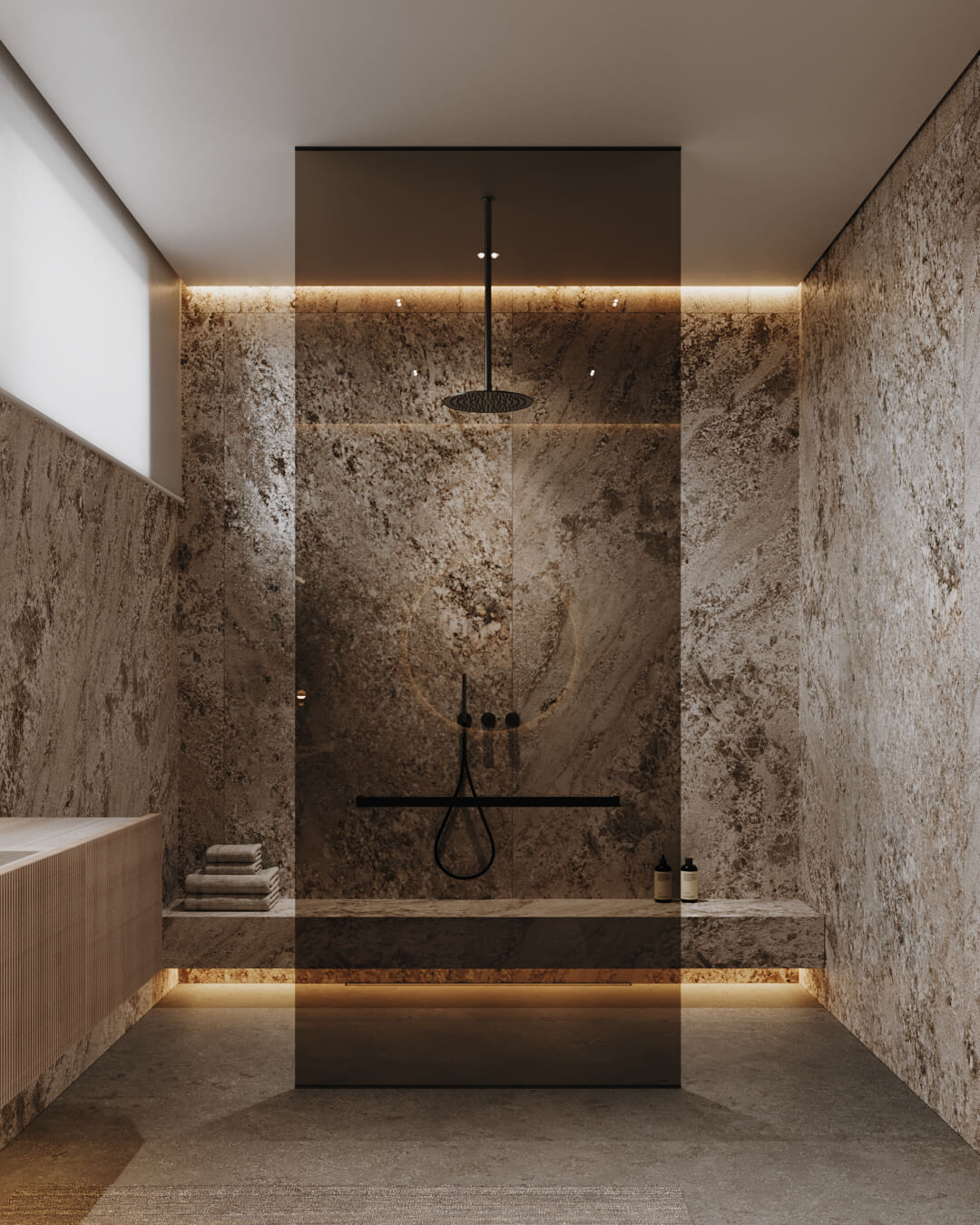 Luksusowa łazienka wyłożona płytkami kamiennymi z nowoczesnym prysznicem