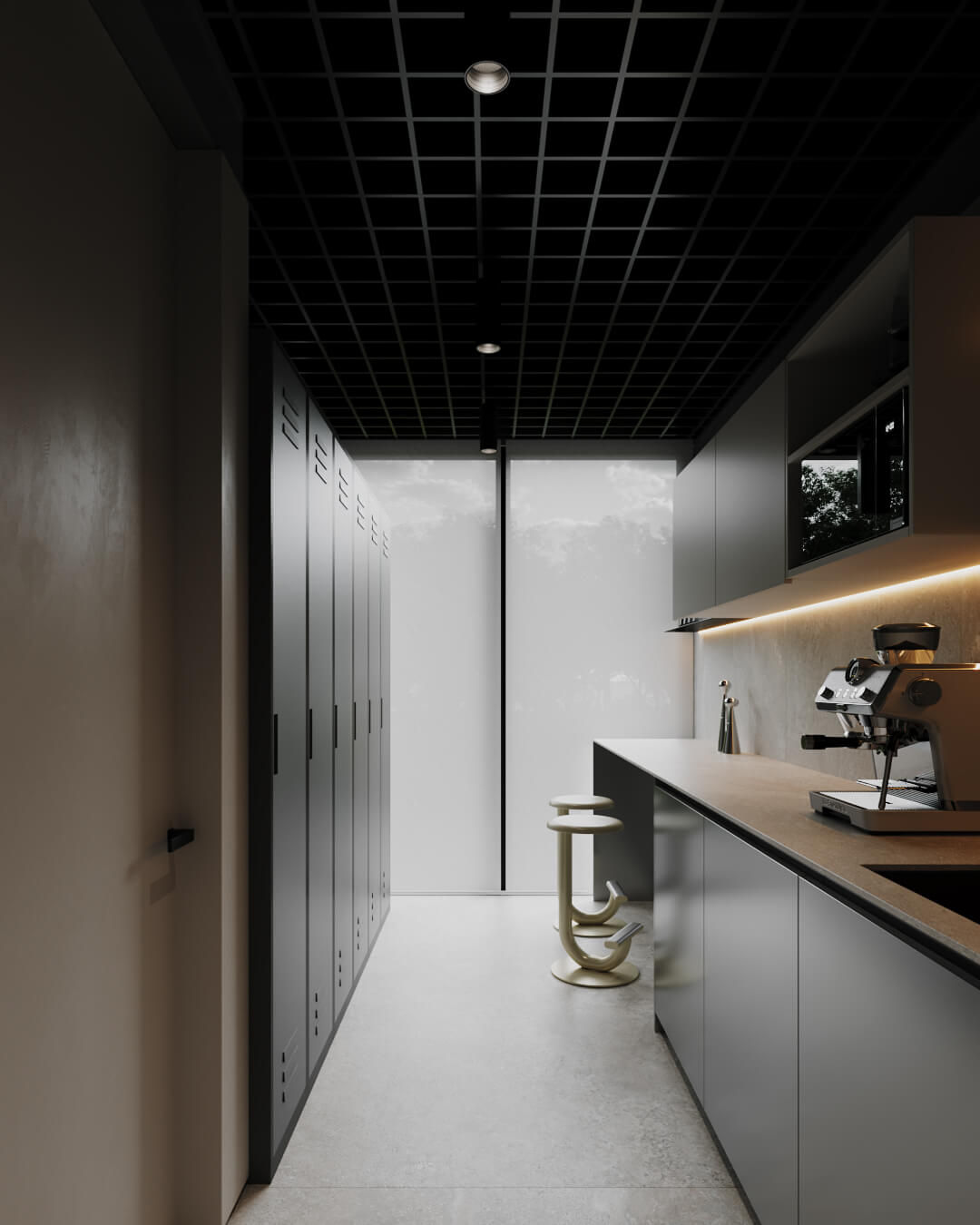 Wnętrze przychodni: nowoczesna poczekalnia z szafkami, minimalistycznym wystrojem i ekspres do kawy.