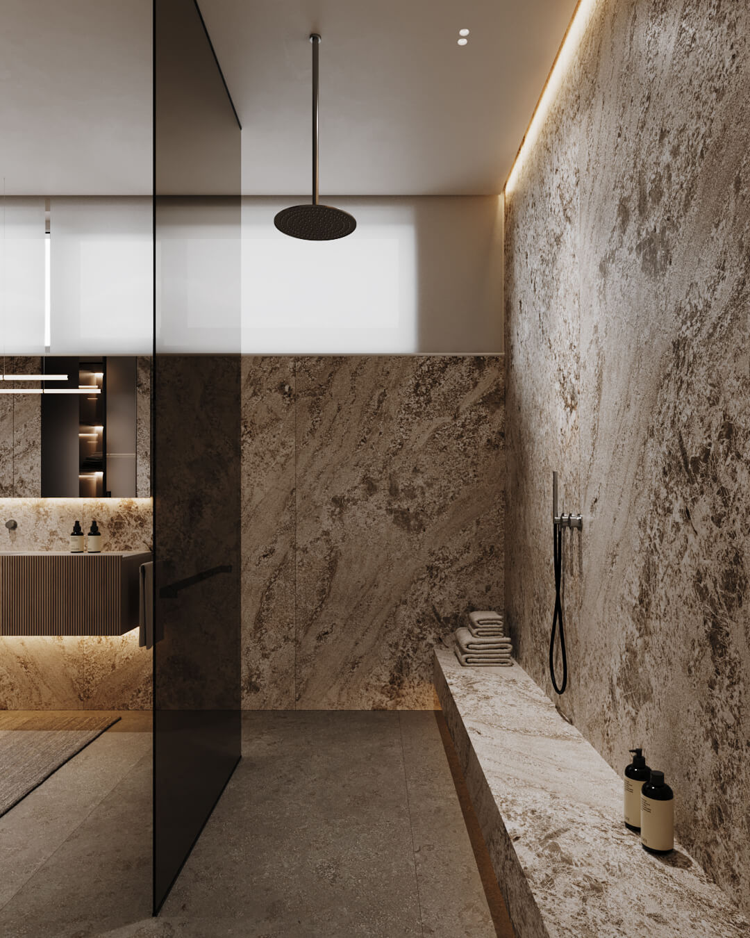 Luksusowa łazienka z marmurowymi ścianami, deszczownicą i kamienną ławką. Projekt /034 lipova.