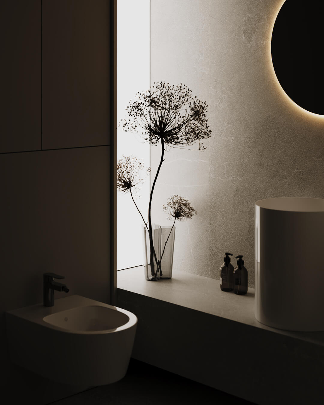 Minimalistyczna łazienka z umywalką, bidetem i dekoracją roślinną. Przychodnia lekarska.