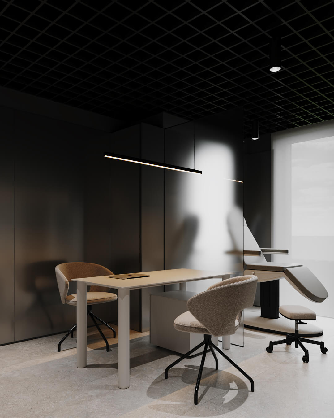 Modern medical clinic interior with dental chair and desk.