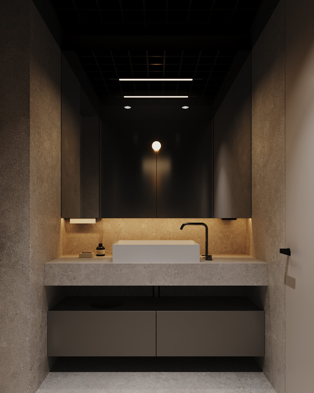 Nowoczesna łazienka z umywalką, lustrem i minimalistycznym oświetleniem.