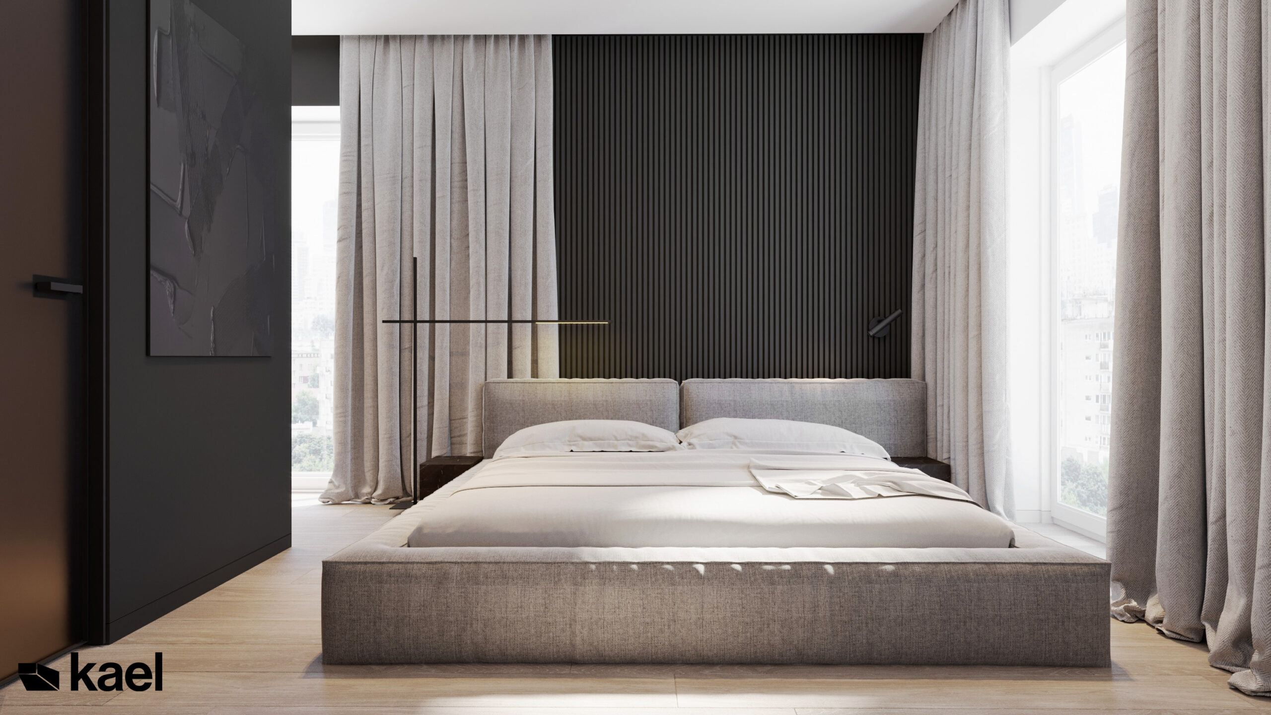 Łóżko tapicerowane o prostych kształtach.