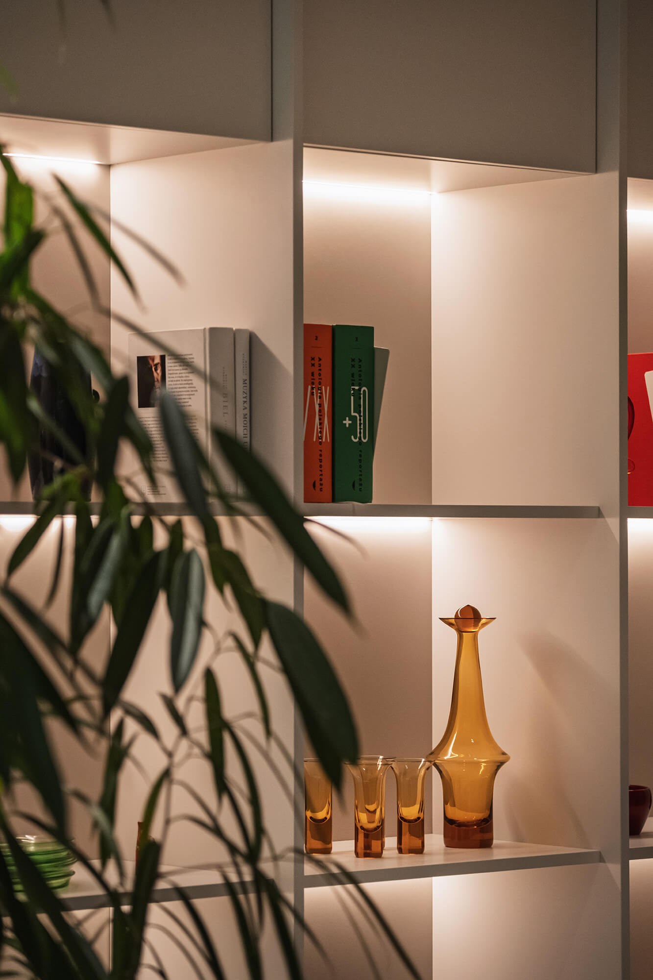 Biały regał z książkami i dekoracjami podświetlony LED. Nowoczesny design wnętrza.