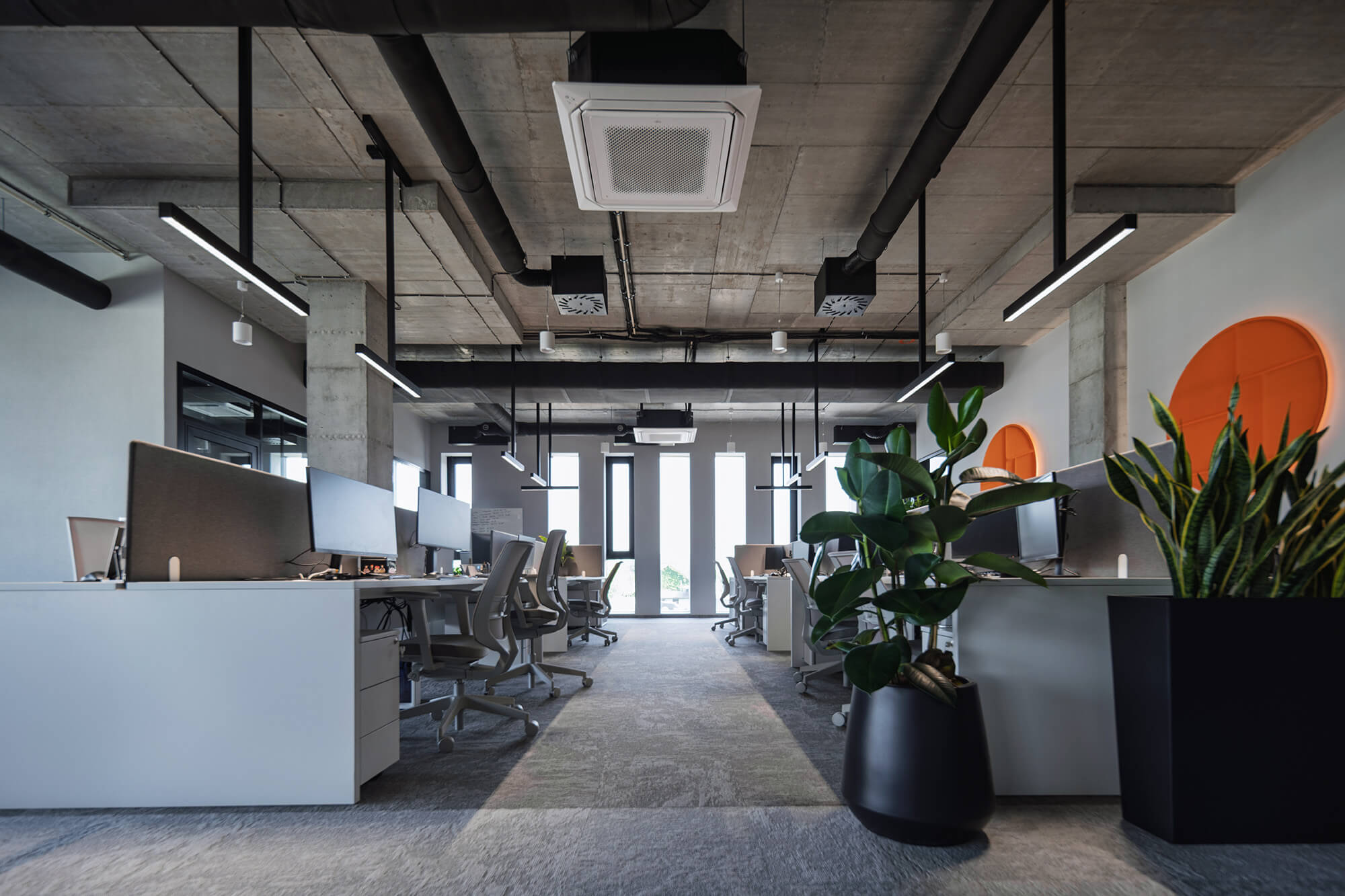 Nowoczesne biuro z betonowym sufitem, roślinami i stanowiskami pracy.