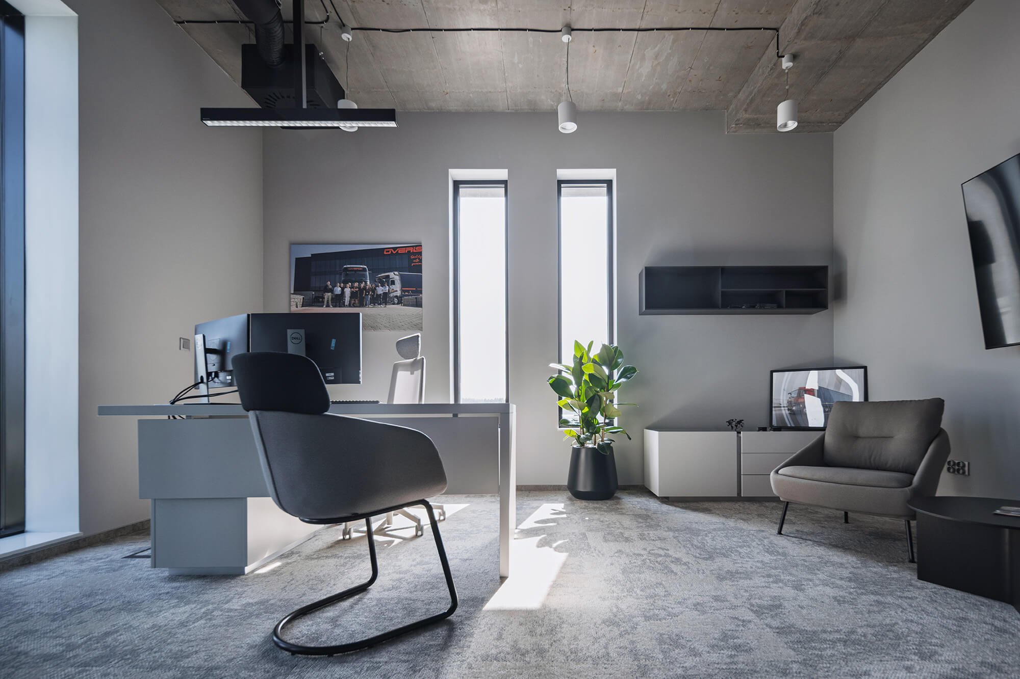 Nowoczesne biuro z szarym biurkiem, krzesłem i rośliną. Minimalistyczne wnętrze Overis.