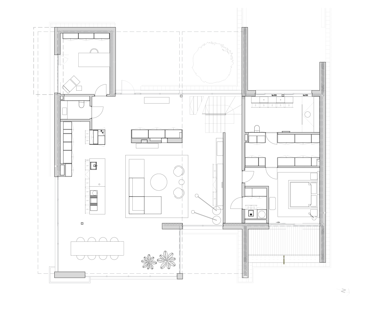 LIPOVA__WWW-R01A_RZUT__P0 Plan domu /034 Lipova: układ pomieszczeń z kuchnią, schodami i ogrodem.