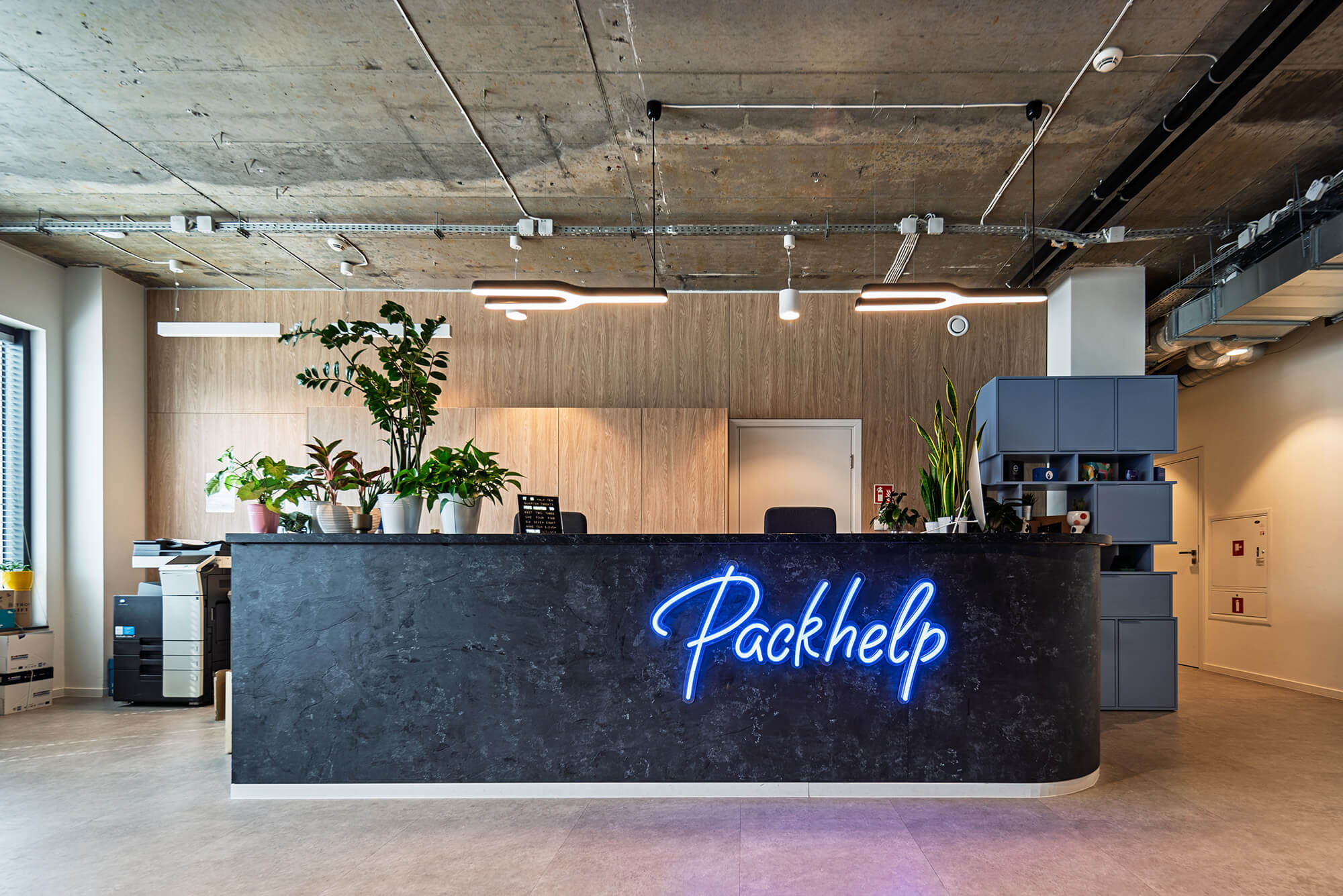 Recepcja biura Packhelp z roślinami i neonowym logo. Nowoczesne wnętrze biurowe.