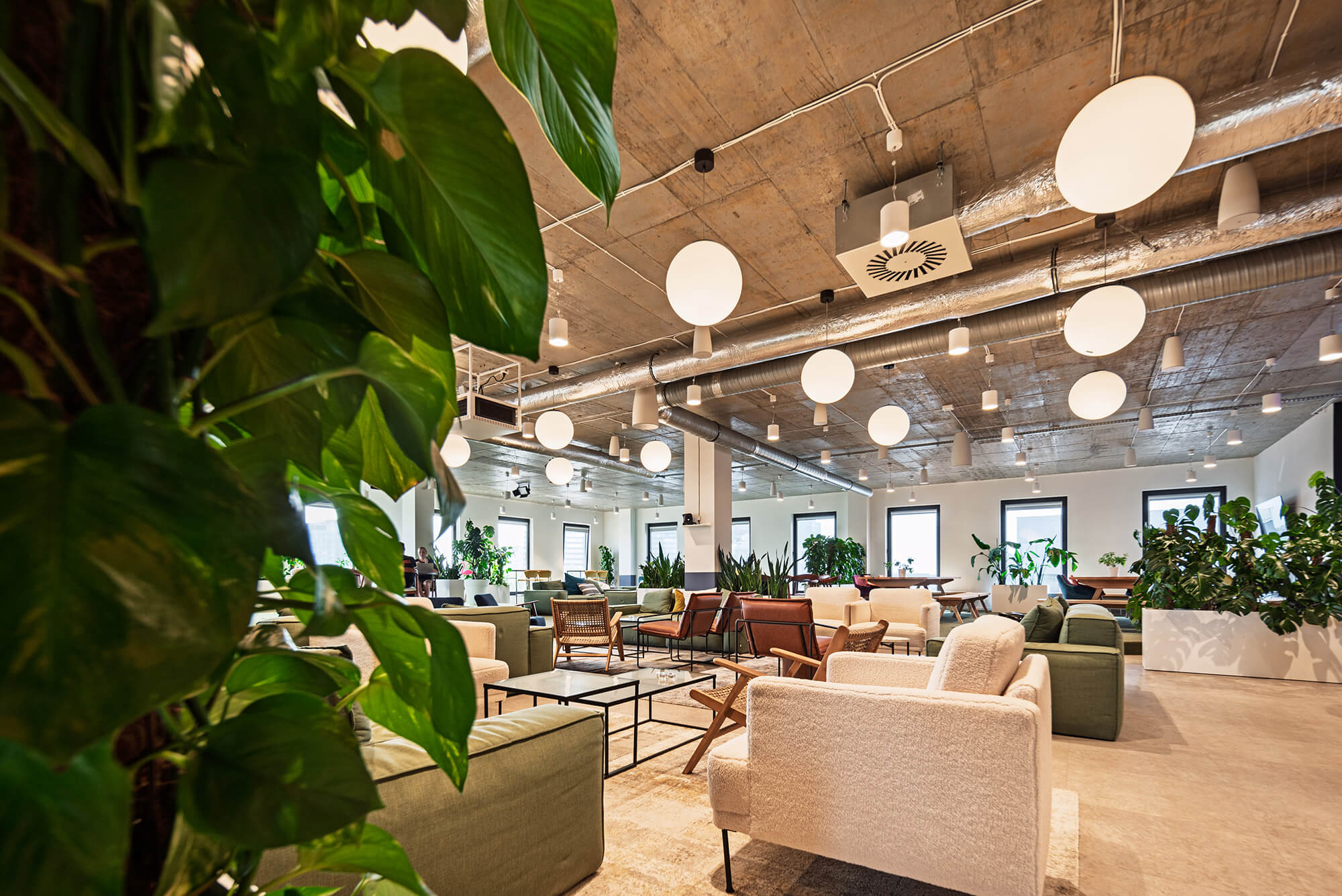 Przestronne, nowoczesne biuro z zielenią, sofami i okrągłymi lampami sufitowymi.