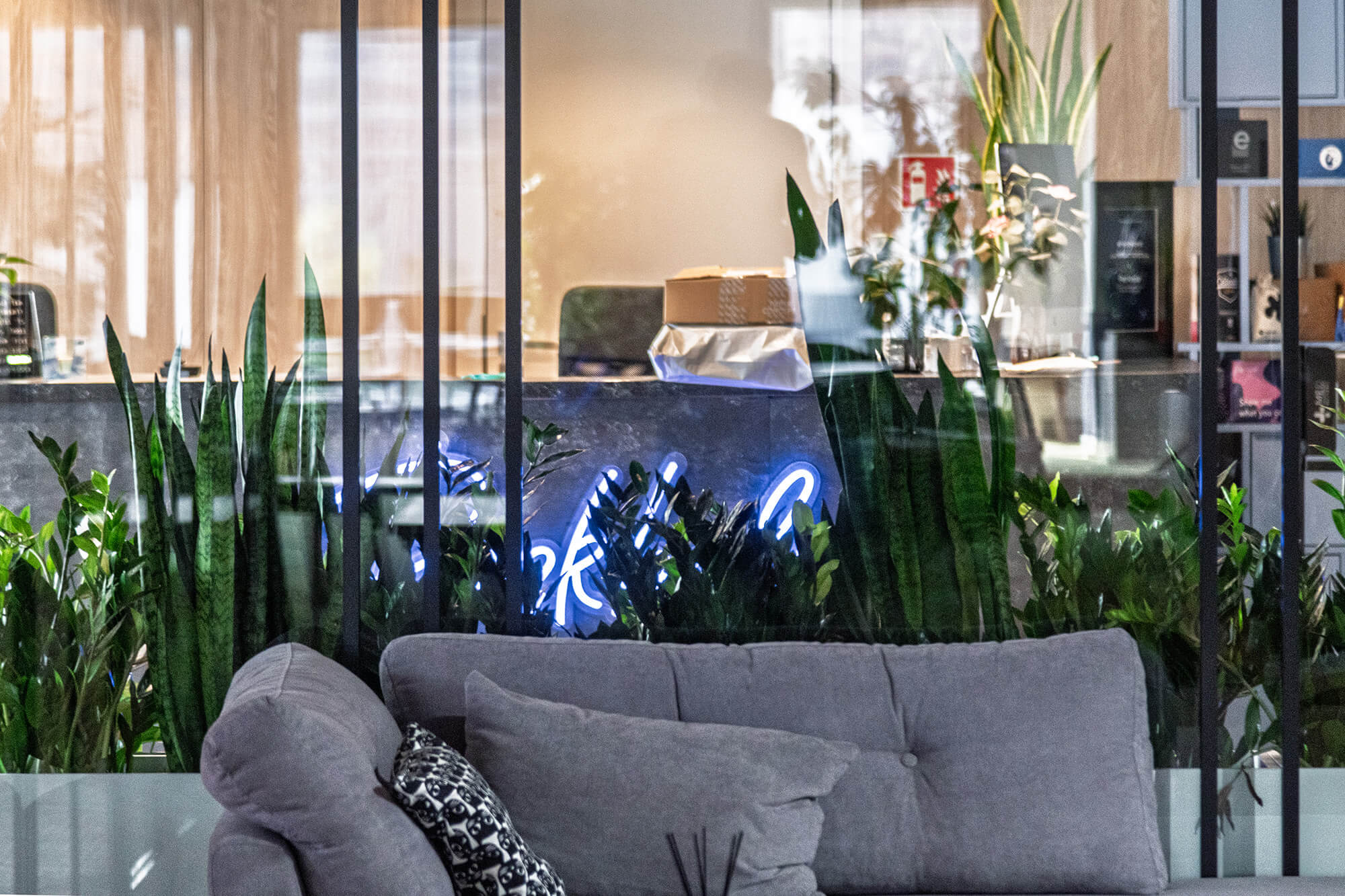 Szary narożnik z roślinami i neonem w nowoczesnym wnętrzu. Dekoracja wnętrz.