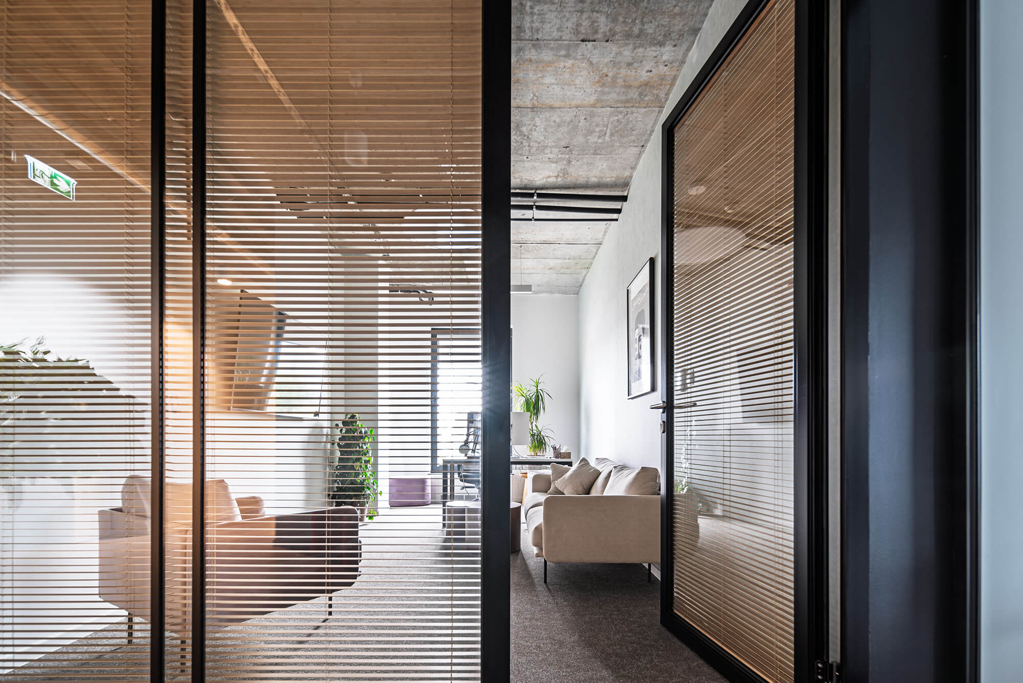 Nowoczesne biuro z sofami i żaluzjami w szklanych ścianach działowych.